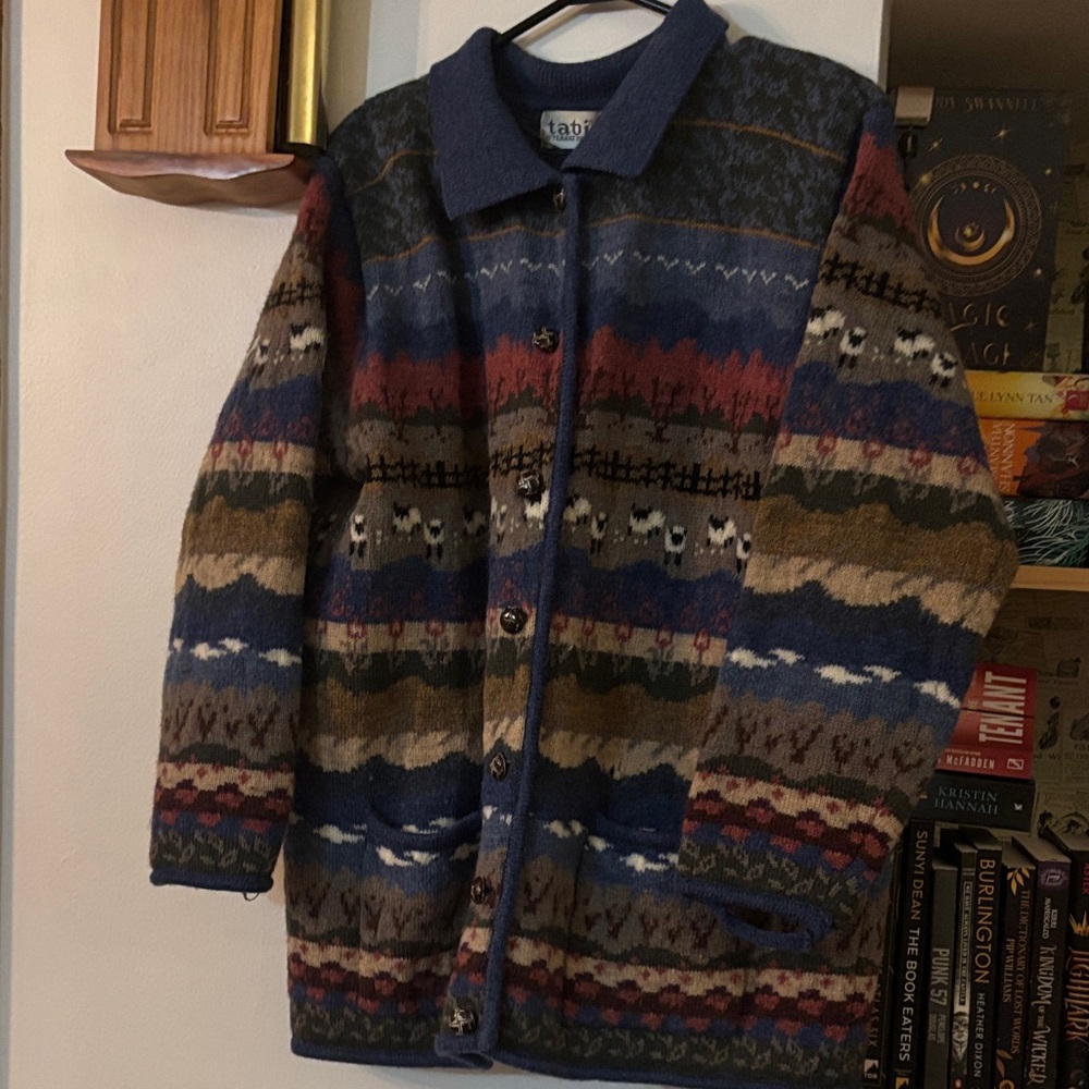 Tabitha Blue Multi-Color Patterned Wool Cardigan